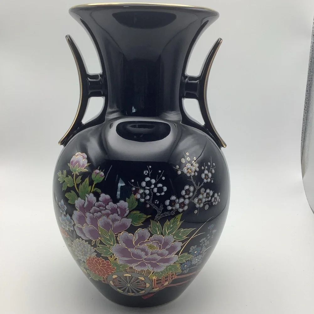 Large Black Two Handled Japanese Vase
